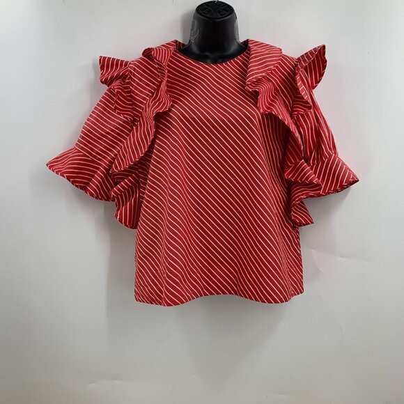 MSGM Women's Pinstriped Poplin Ruffled 100% Cotton Short Sleeve‎ Blouse Size S - Picture 1 of 13